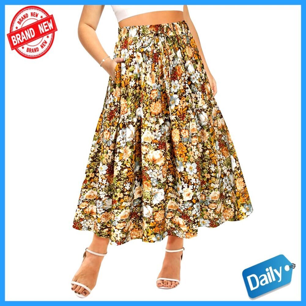 Plus Size Maxi Skirt Elastic Waist Pockets A-Line Boho Casual Tiered